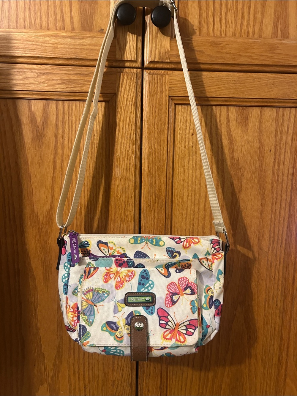 Lily Bloom White Crossbody Bag with Multicolor Butterfly Print
